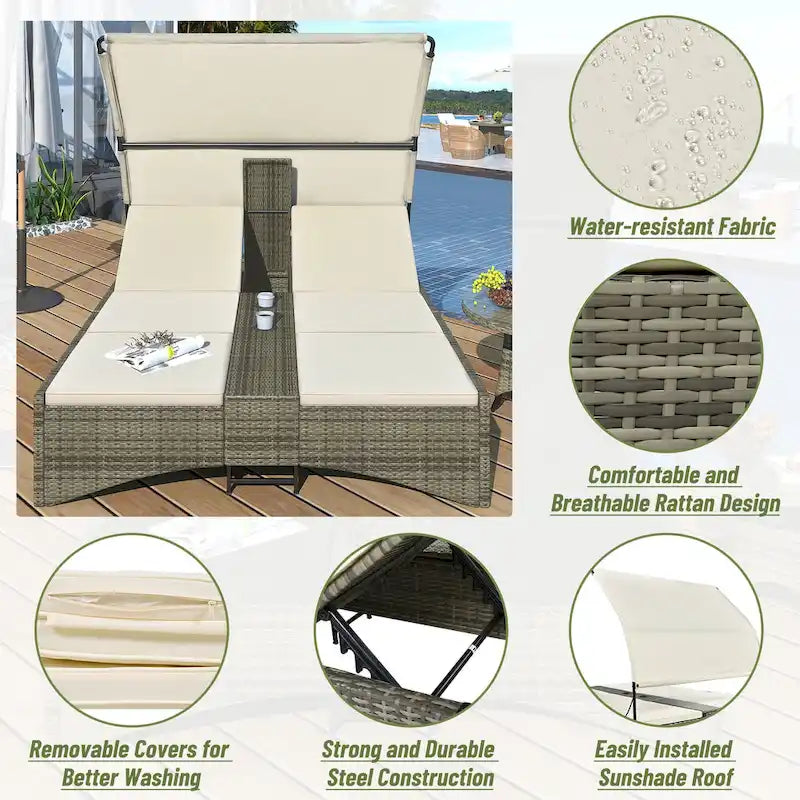 Lit de repos de jardin en rotin avec toit abri et dossier réglable