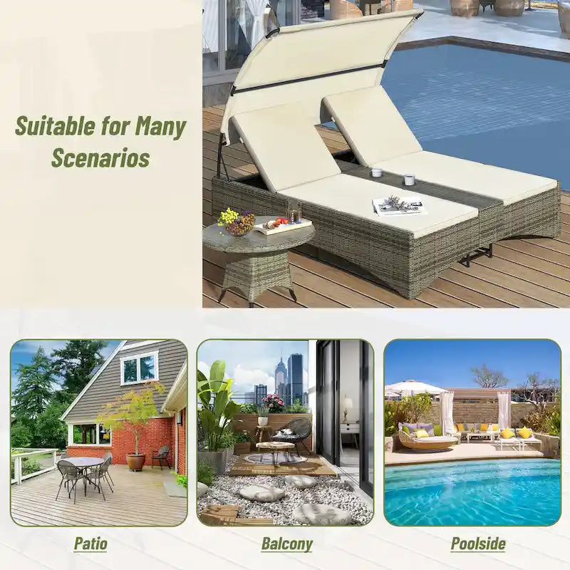 Lit de repos de jardin en rotin avec toit abri et dossier réglable