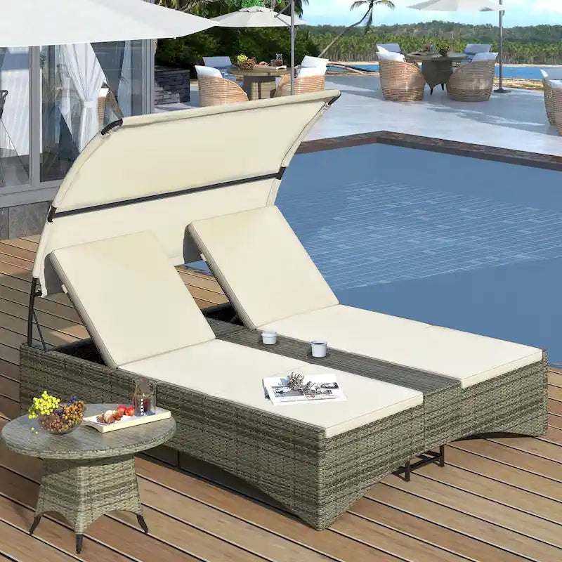 Lit de repos de jardin en rotin avec toit abri et dossier réglable