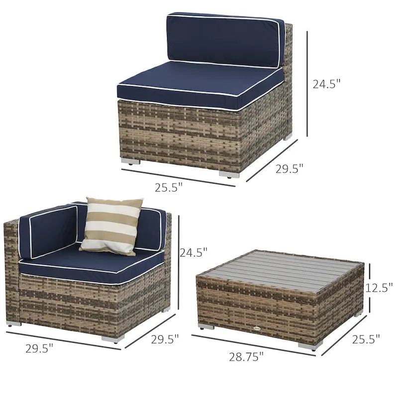 Outsunny Set Divani da Giardino 7 Pezzi in Vimini, Salotto da Esterno in Rattan Moderno con Cuscini e Tavolino