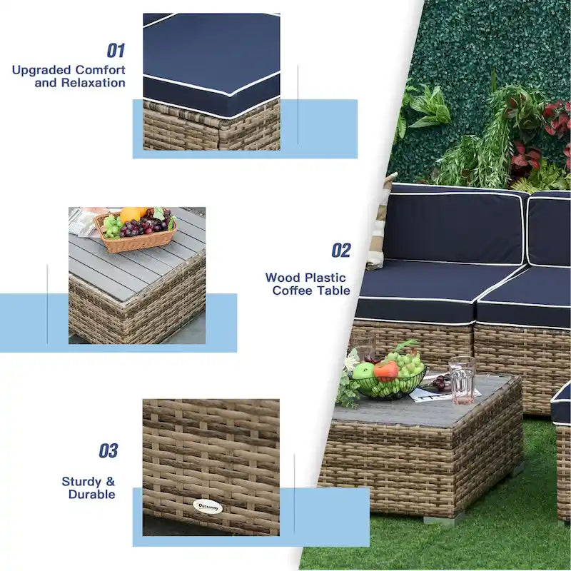 Outsunny Set Divani da Giardino 7 Pezzi in Vimini, Salotto da Esterno in Rattan Moderno con Cuscini e Tavolino
