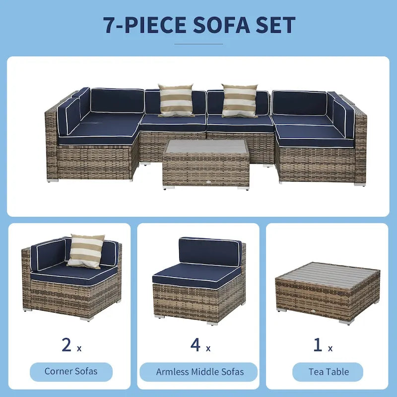 Outsunny Set Divani da Giardino 7 Pezzi in Vimini, Salotto da Esterno in Rattan Moderno con Cuscini e Tavolino