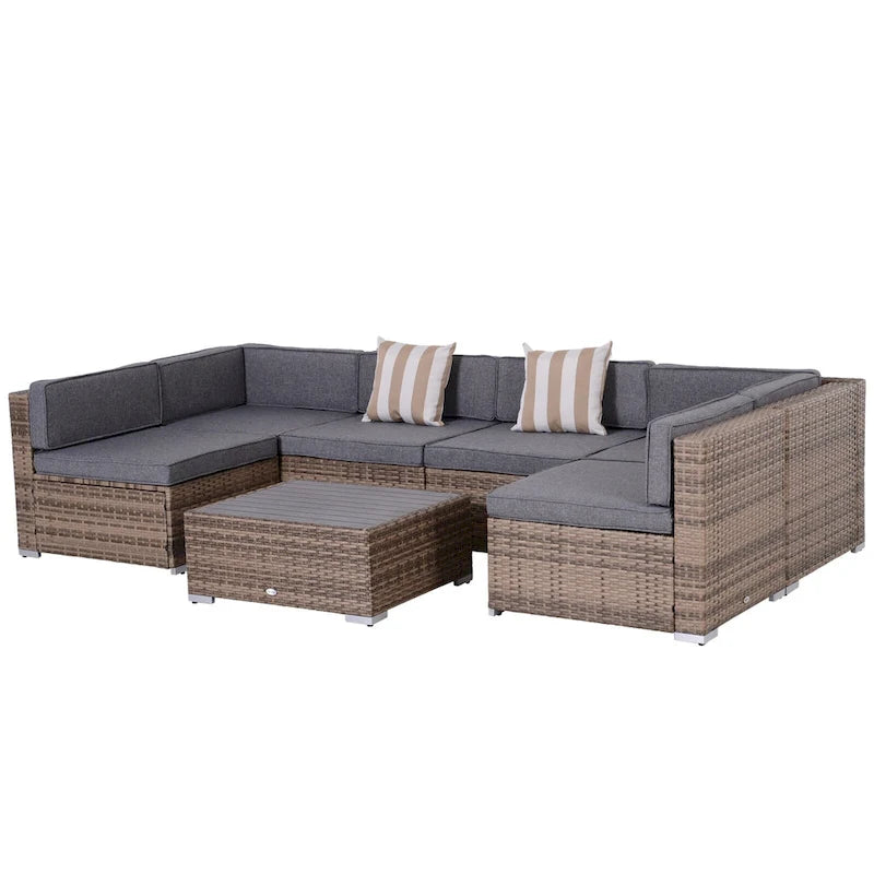 Outsunny Set Divani da Giardino 7 Pezzi in Vimini, Salotto da Esterno in Rattan Moderno con Cuscini e Tavolino