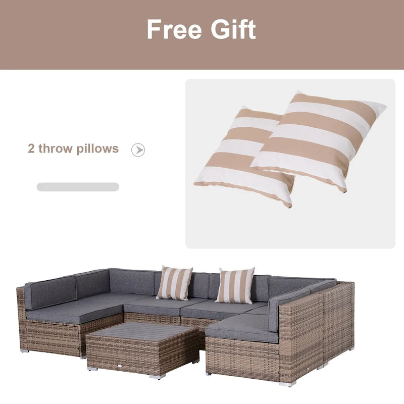 Outsunny Set Divani da Giardino 7 Pezzi in Vimini, Salotto da Esterno in Rattan Moderno con Cuscini e Tavolino