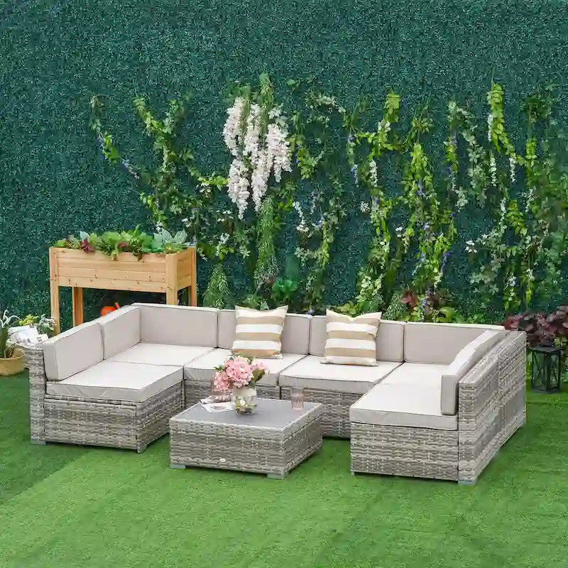 Outsunny Set Divani da Giardino 7 Pezzi in Vimini, Salotto da Esterno in Rattan Moderno con Cuscini e Tavolino