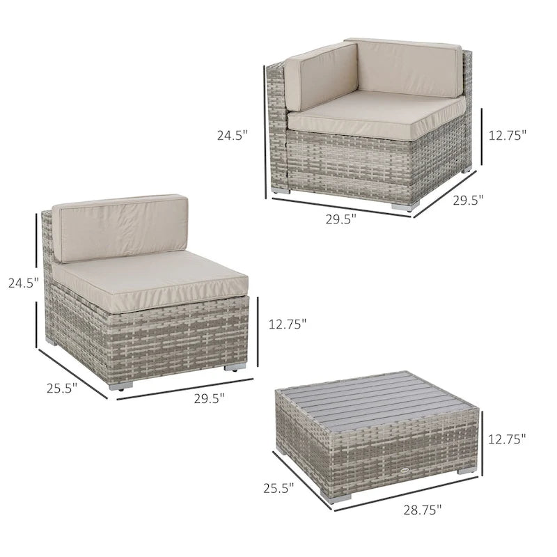 Outsunny Set Divani da Giardino 7 Pezzi in Vimini, Salotto da Esterno in Rattan Moderno con Cuscini e Tavolino