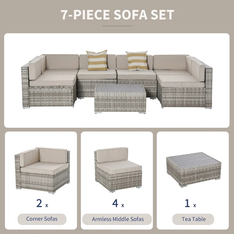 Outsunny Set Divani da Giardino 7 Pezzi in Vimini, Salotto da Esterno in Rattan Moderno con Cuscini e Tavolino