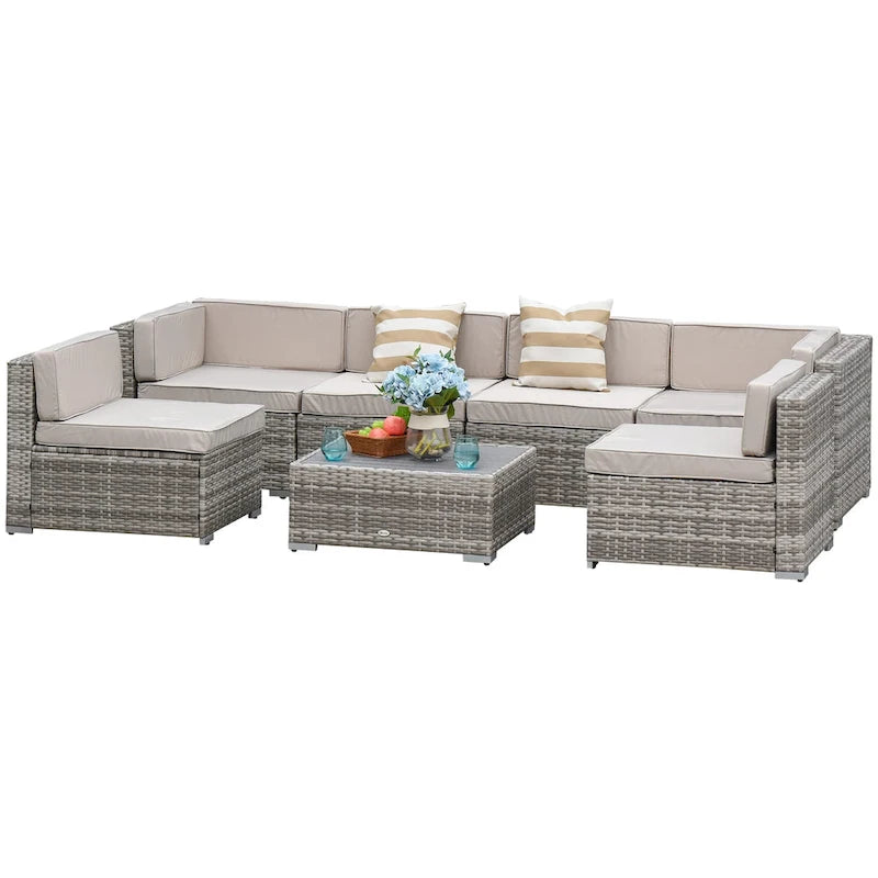 Outsunny Set Divani da Giardino 7 Pezzi in Vimini, Salotto da Esterno in Rattan Moderno con Cuscini e Tavolino