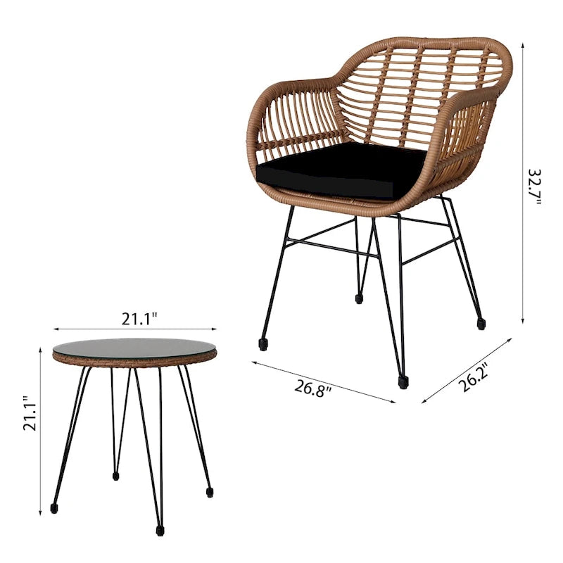 Set da conversazione per patio in vimini rattan con tavolo in vetro temperato