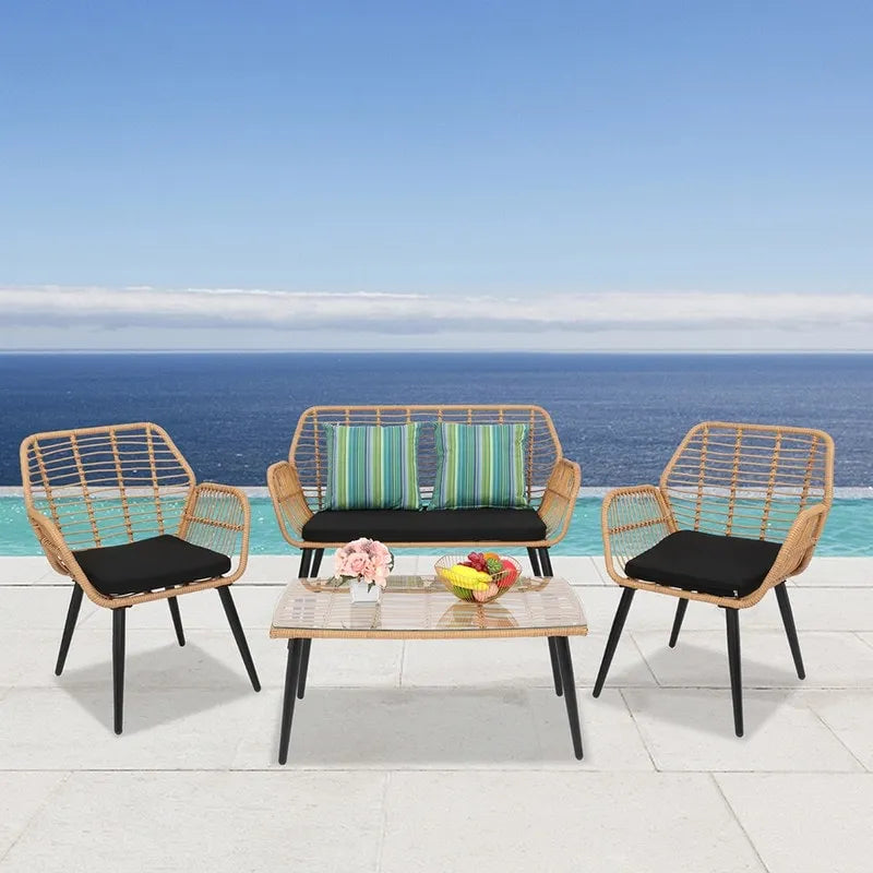 Set da conversazione per patio in vimini rattan con tavolo in vetro temperato