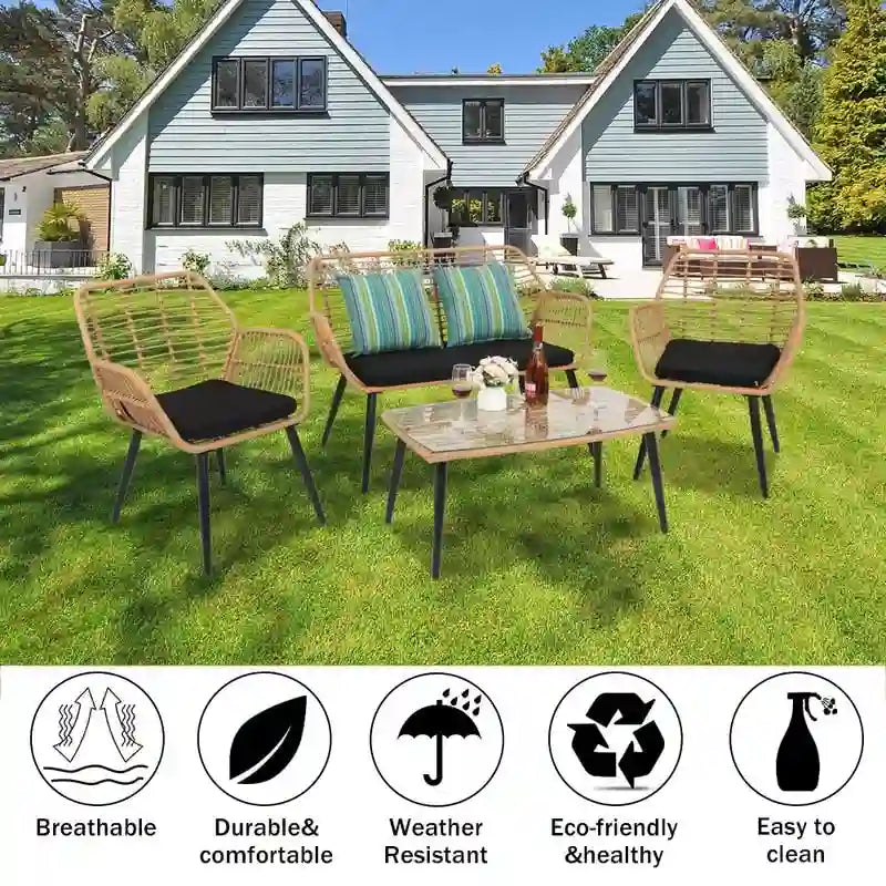Set da conversazione per patio in vimini rattan con tavolo in vetro temperato