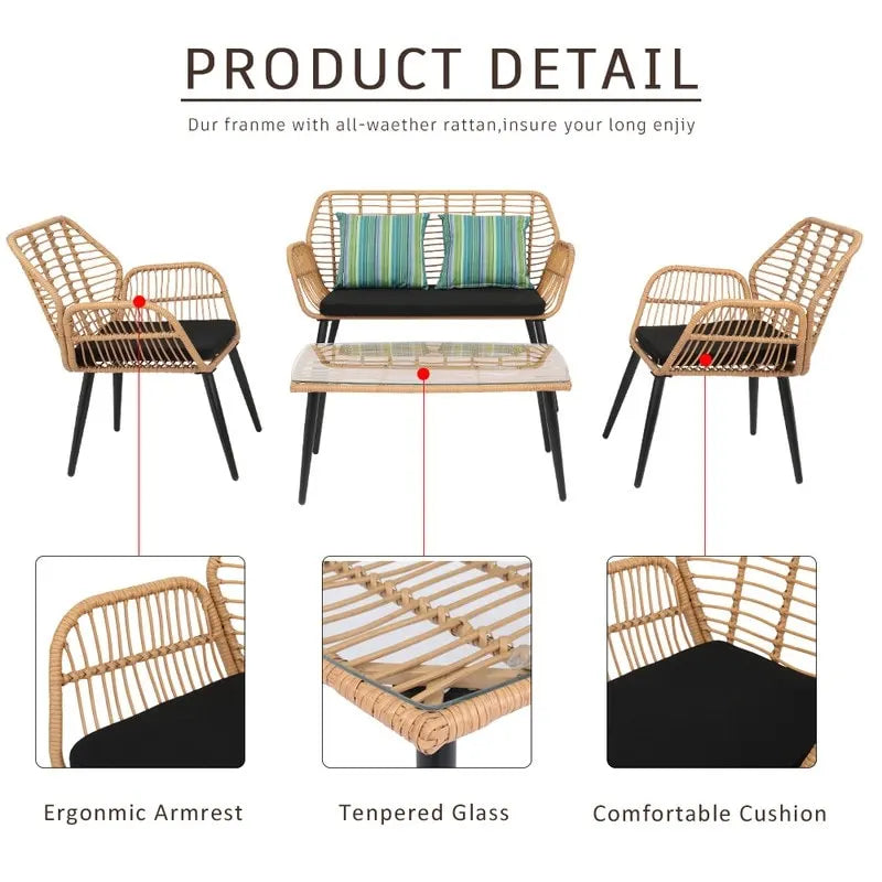 Set da conversazione per patio in vimini rattan con tavolo in vetro temperato