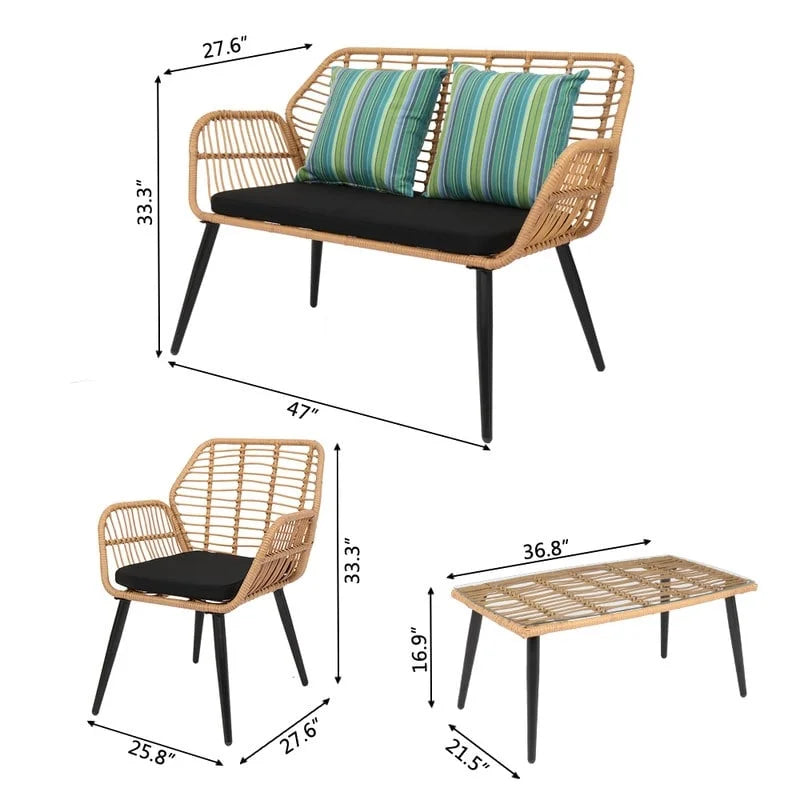 Set da conversazione per patio in vimini rattan con tavolo in vetro temperato