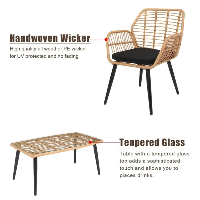Set da conversazione per patio in vimini rattan con tavolo in vetro temperato