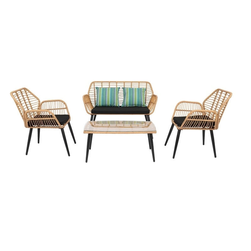 Set da conversazione per patio in vimini rattan con tavolo in vetro temperato