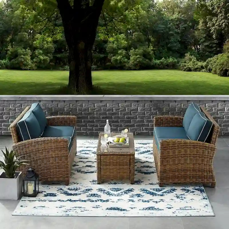 Crosley Bradenton 3-piece Outdoor Wicker Seating Set with Navy Cushions - 94.5 W x 94.5 D x 32.5 H