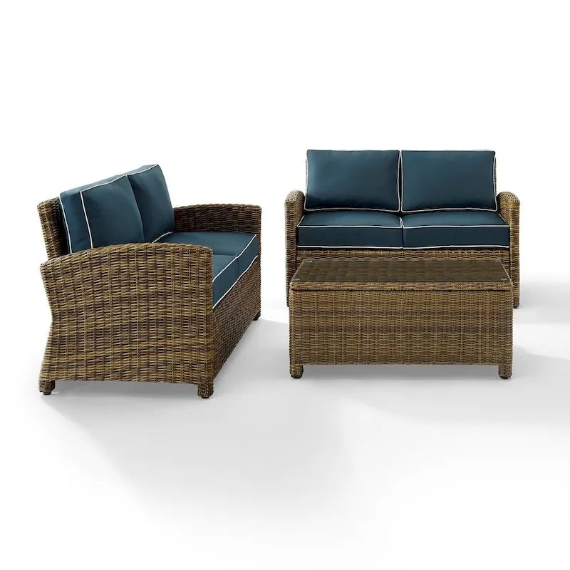 Ensemble de sièges d'extérieur 3 pièces en osier Crosley Bradenton avec coussins bleu marine – 94,5 L x 94,5 P x 32,5 H po