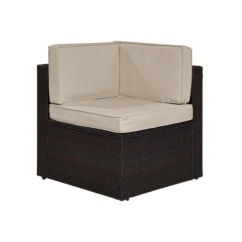 Fauteuil d'angle en osier d'extérieur Palm Harbor marron avec coussins sable - 26,5 L x 26,5 P x 30,5 H