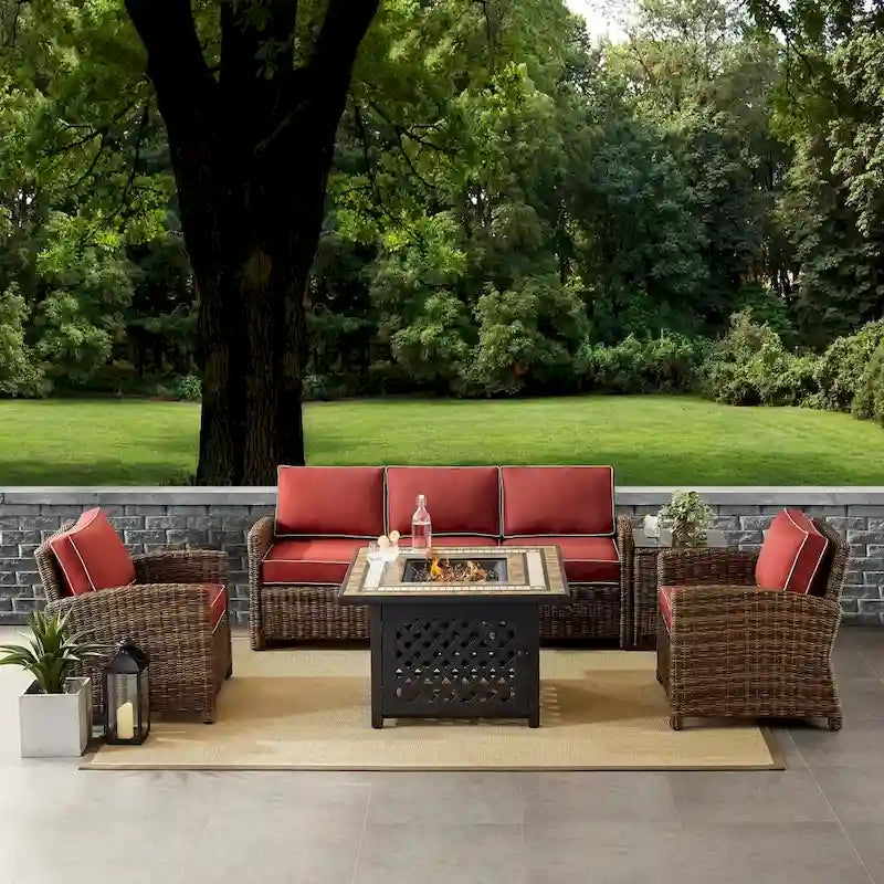 Crosley Bradenton 5-Piece Outdoor Wicker Sofa Conversation Set With Sangria Cushions - 94.5 W x 94.5 D x 32.5 H