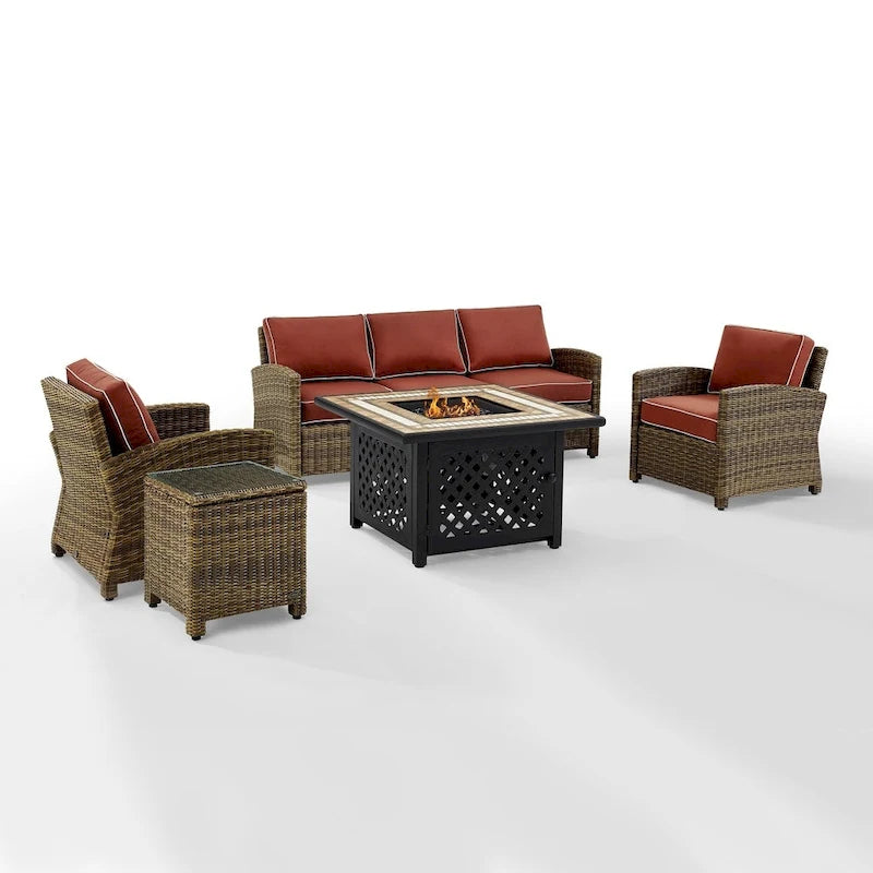 Ensemble de conversation en osier 5 pièces Bradenton de Crosley avec coussins Sangria - 94,5 L x 94,5 P x 32,5 H