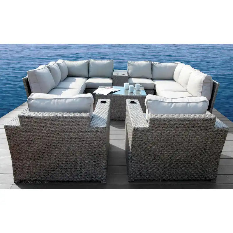 Living Source International Chelsea Grey Wicker and Aluminum Set da 12 pezzi Club Sezionale da Conversazione