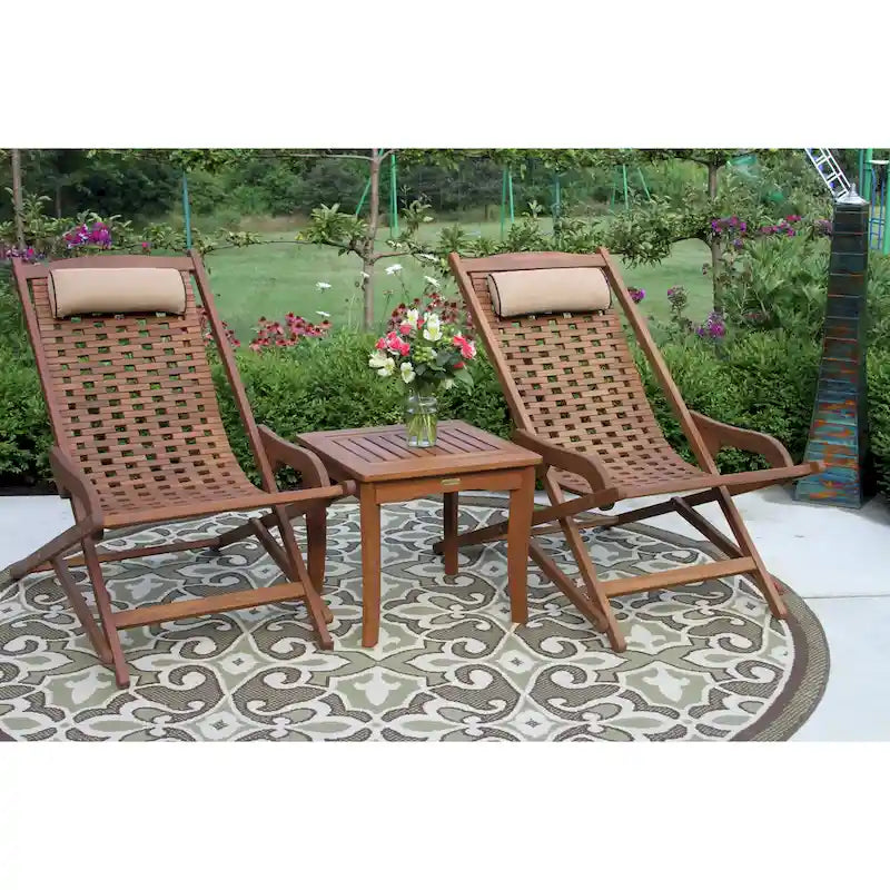 Ensemble de transats de jardin et table d'appoint carrée pliants 3 pièces Eilaf en eucalyptus