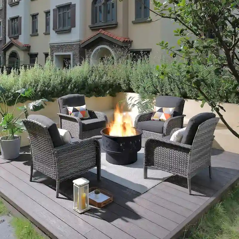 Mobilier de patio en osier XIZZI 5 pièces avec chaises individuelles et foyer