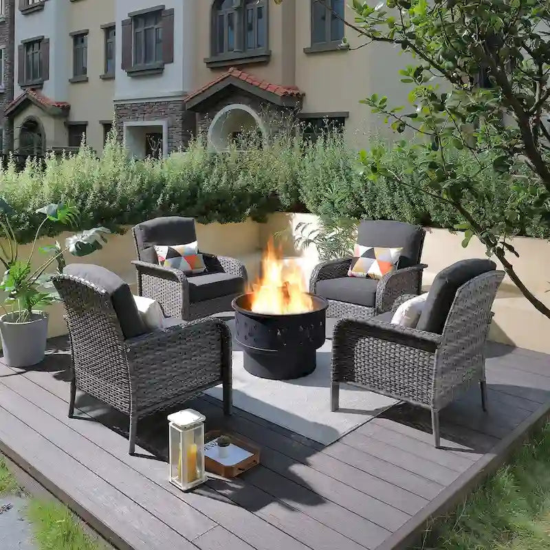 Mobilier de patio en osier XIZZI 5 pièces avec chaises individuelles et foyer