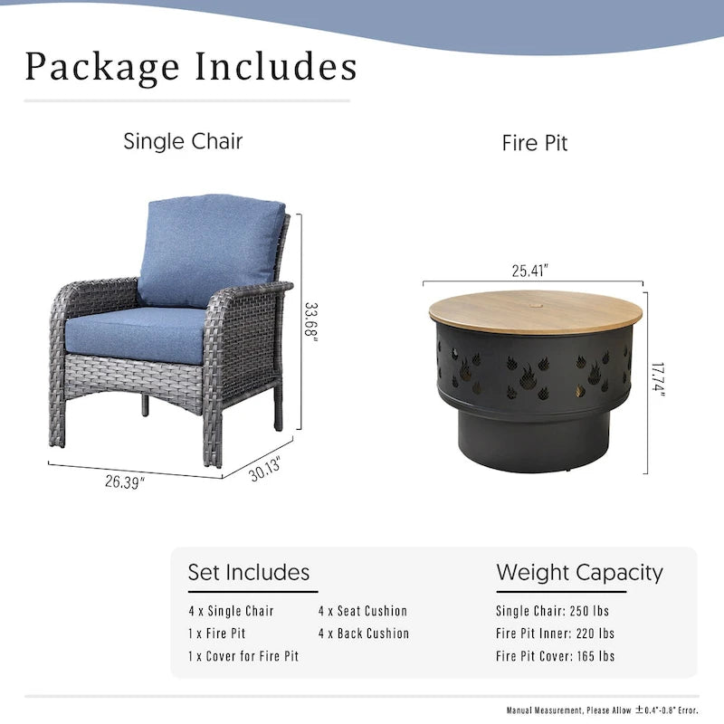 Mobilier de patio en osier XIZZI 5 pièces avec chaises individuelles et foyer