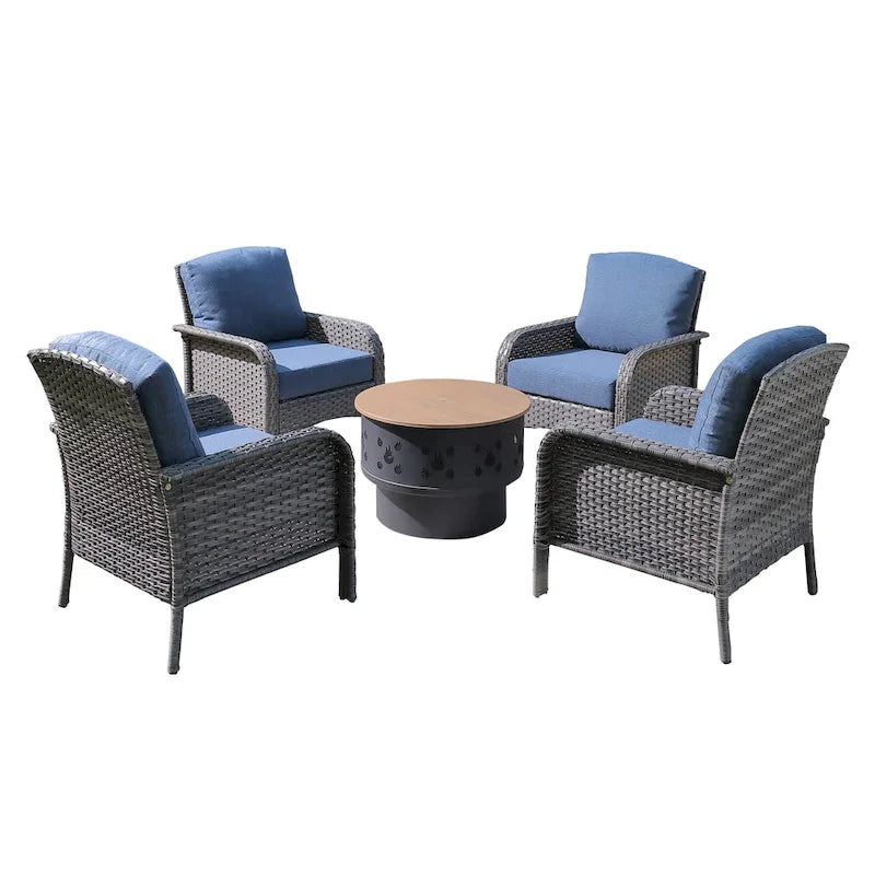 Mobilier de patio en osier XIZZI 5 pièces avec chaises individuelles et foyer