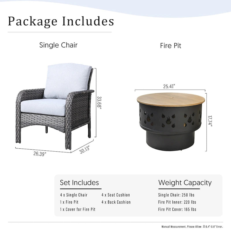 Mobilier de patio en osier XIZZI 5 pièces avec chaises individuelles et foyer