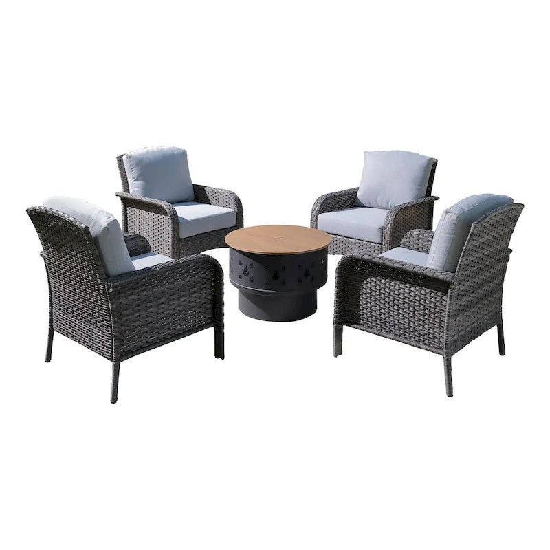Mobilier de patio en osier XIZZI 5 pièces avec chaises individuelles et foyer