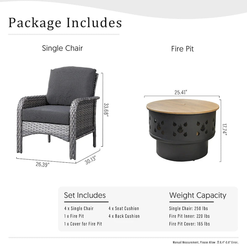 Mobilier de patio en osier XIZZI 5 pièces avec chaises individuelles et foyer