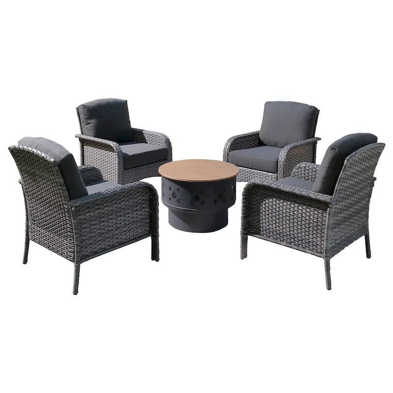 Mobilier de patio en osier XIZZI 5 pièces avec chaises individuelles et foyer