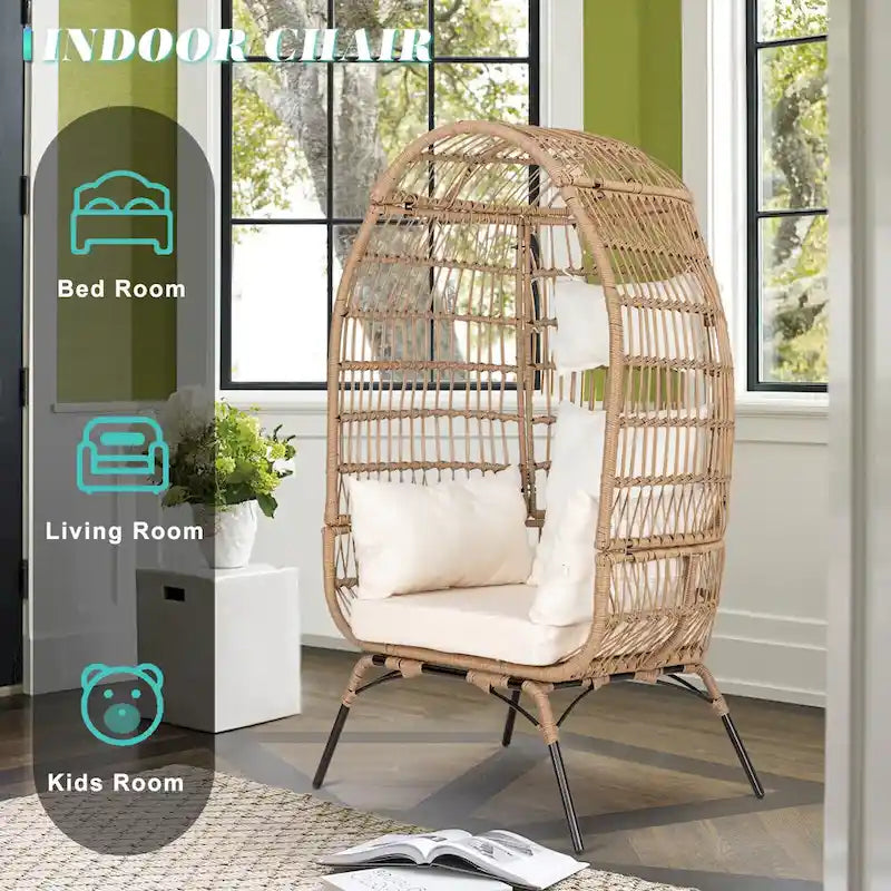 Fauteuil œuf en rotin avec coussin, chaise en osier pour l'extérieur et l'intérieur