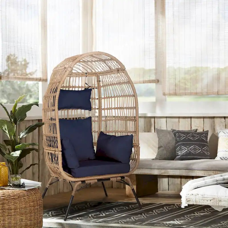Fauteuil œuf en rotin avec coussin, chaise en osier pour l'extérieur et l'intérieur