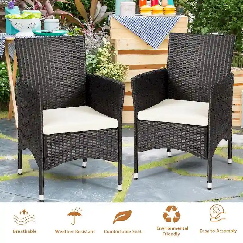Gymax Set 2 Sedie da Pranzo da Esterno in Rattan Nero con Cuscini