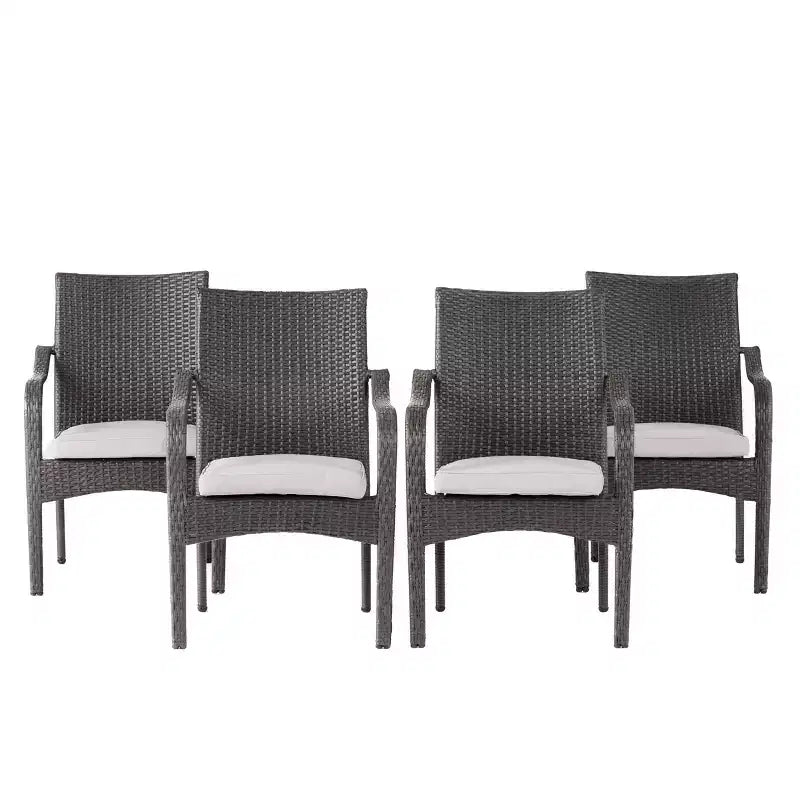 GDFStudio Jeremy Outdoor Wicker Stacking Dining Chairs with Cushion (Set of 4), Gray/Light Gray