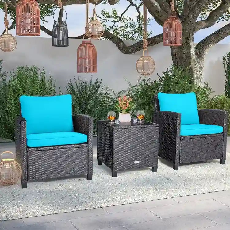 Set da 3 Pezzi di Mobili da Giardino in Rattan con Cuscini Lavabili - Sedia: 26,5 x 26,5 x 30