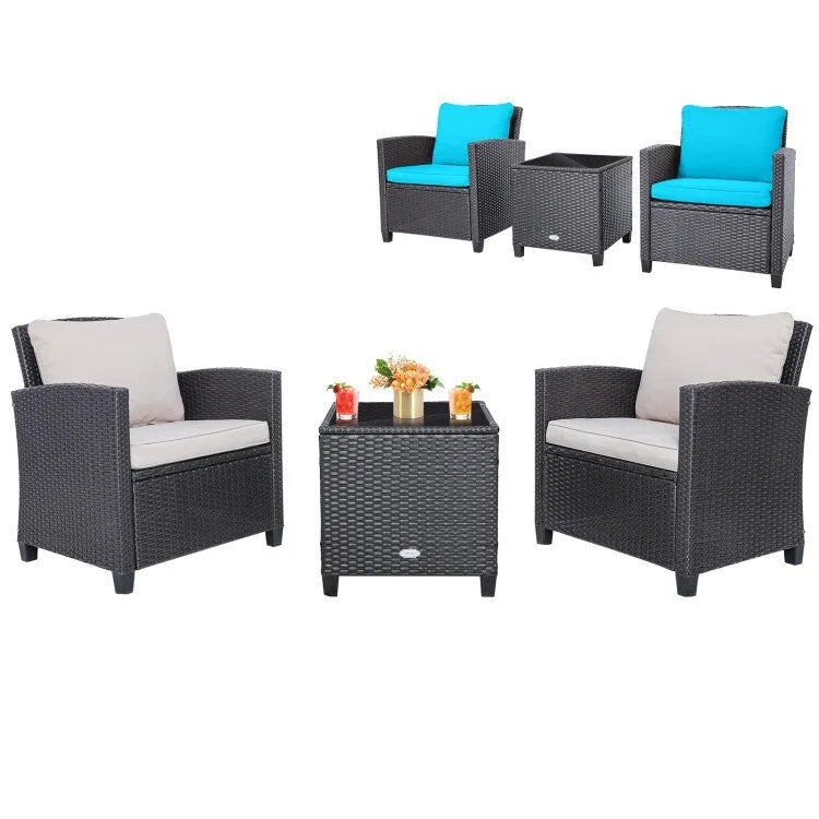 Set da 3 Pezzi di Mobili da Giardino in Rattan con Cuscini Lavabili - Sedia: 26,5 x 26,5 x 30