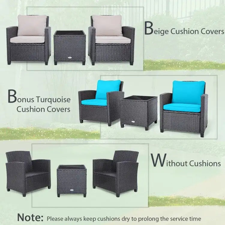 Set da 3 Pezzi di Mobili da Giardino in Rattan con Cuscini Lavabili - Sedia: 26,5 x 26,5 x 30
