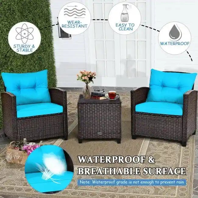 Set da 3 Pezzi di Mobili da Giardino in Rattan con Cuscini Lavabili - Sedia: 26,5 x 26,5 x 30