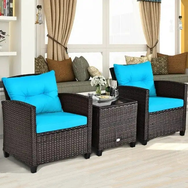 Set da 3 Pezzi di Mobili da Giardino in Rattan con Cuscini Lavabili - Sedia: 26,5 x 26,5 x 30