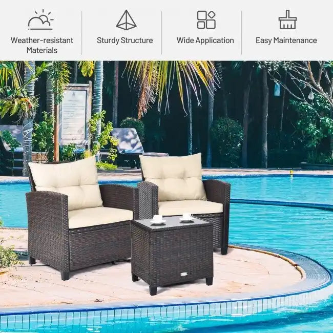 Set da 3 Pezzi di Mobili da Giardino in Rattan con Cuscini Lavabili - Sedia: 26,5 x 26,5 x 30