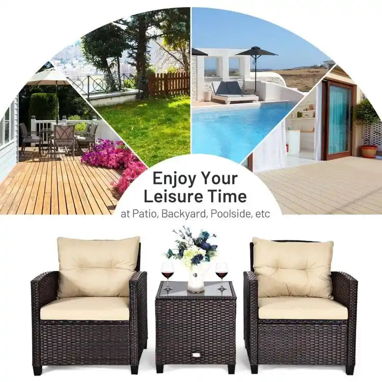 Set da 3 Pezzi di Mobili da Giardino in Rattan con Cuscini Lavabili - Sedia: 26,5 x 26,5 x 30