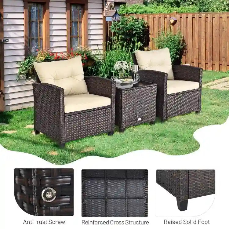 Set da 3 Pezzi di Mobili da Giardino in Rattan con Cuscini Lavabili - Sedia: 26,5 x 26,5 x 30