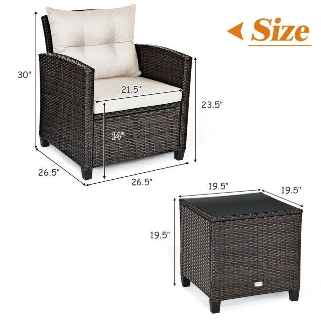Set da 3 Pezzi di Mobili da Giardino in Rattan con Cuscini Lavabili - Sedia: 26,5 x 26,5 x 30