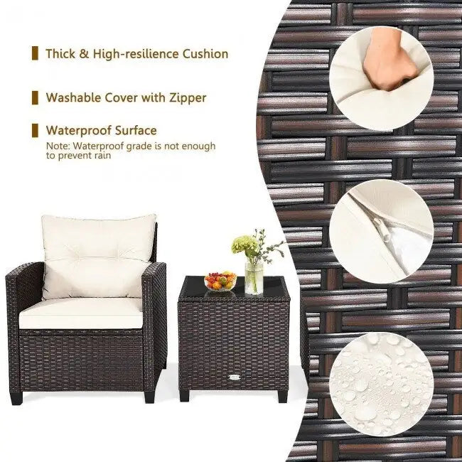 Set da 3 Pezzi di Mobili da Giardino in Rattan con Cuscini Lavabili - Sedia: 26,5 x 26,5 x 30