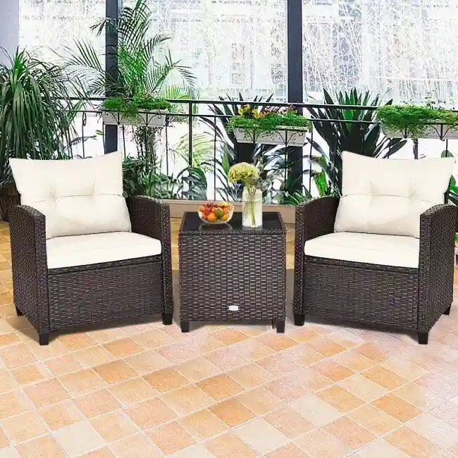 Set da 3 Pezzi di Mobili da Giardino in Rattan con Cuscini Lavabili - Sedia: 26,5 x 26,5 x 30