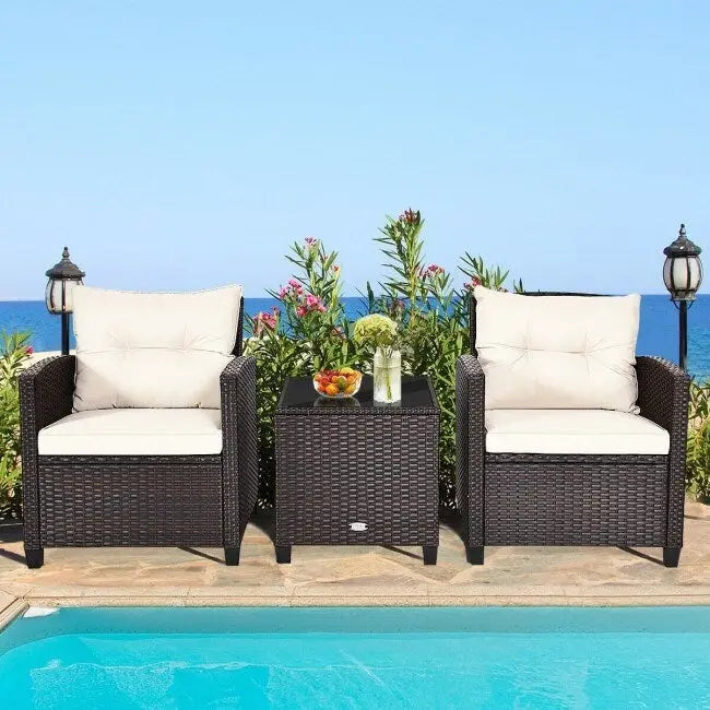 Set da 3 Pezzi di Mobili da Giardino in Rattan con Cuscini Lavabili - Sedia: 26,5 x 26,5 x 30